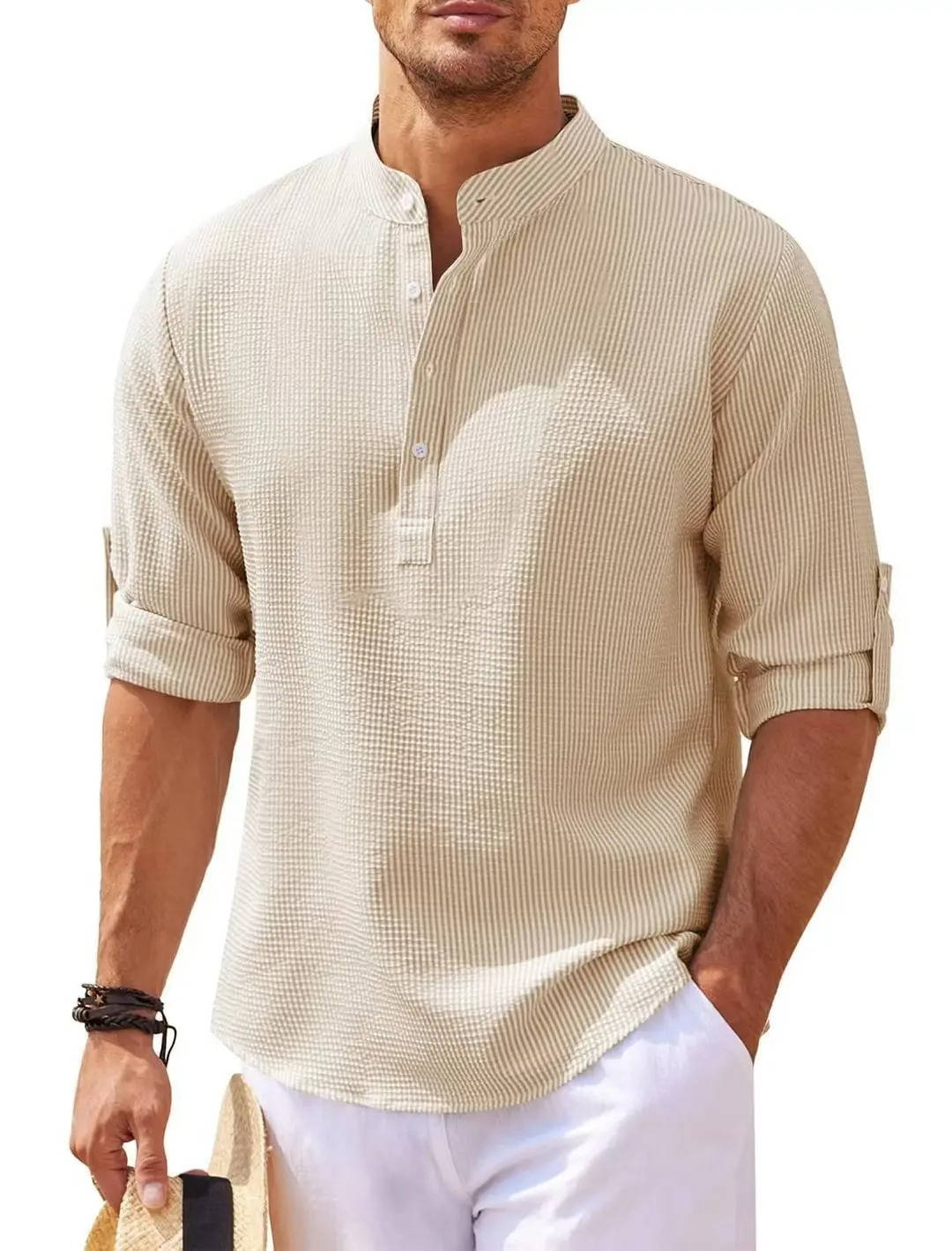 Men's Waffle Knit Henley Shirt - Cotton Linen Blend - Long Sleeve Casual Top