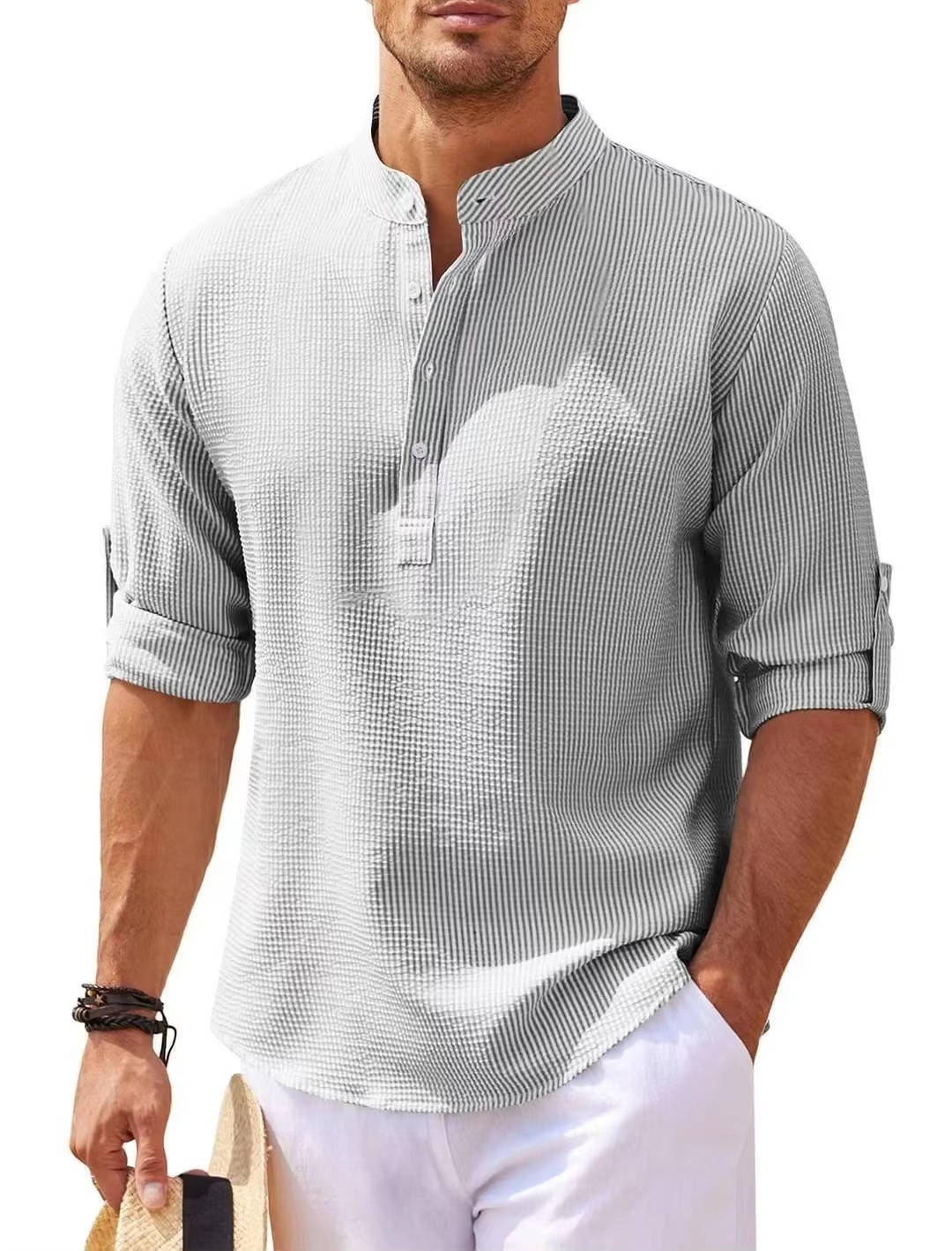 Men's Waffle Knit Henley Shirt - Cotton Linen Blend - Long Sleeve Casual Top