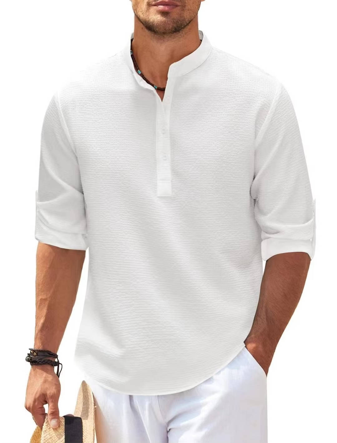 Men's Waffle Knit Henley Shirt - Cotton Linen Blend - Long Sleeve Casual Top