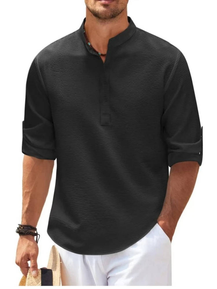Men's Waffle Knit Henley Shirt - Cotton Linen Blend - Long Sleeve Casual Top