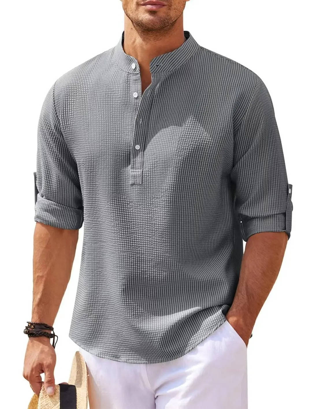 Men's Waffle Knit Henley Shirt - Cotton Linen Blend - Long Sleeve Casual Top