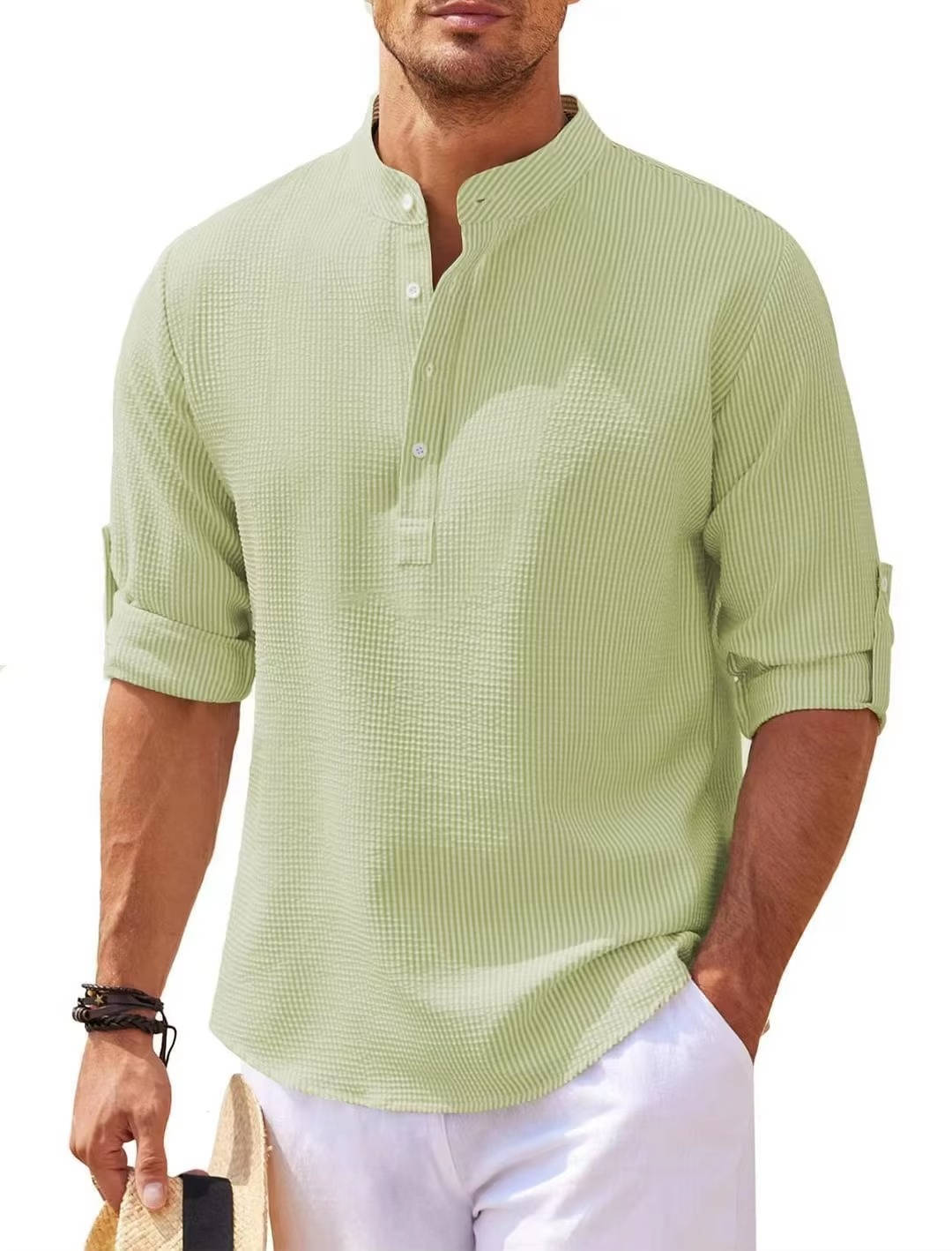Men's Waffle Knit Henley Shirt - Cotton Linen Blend - Long Sleeve Casual Top