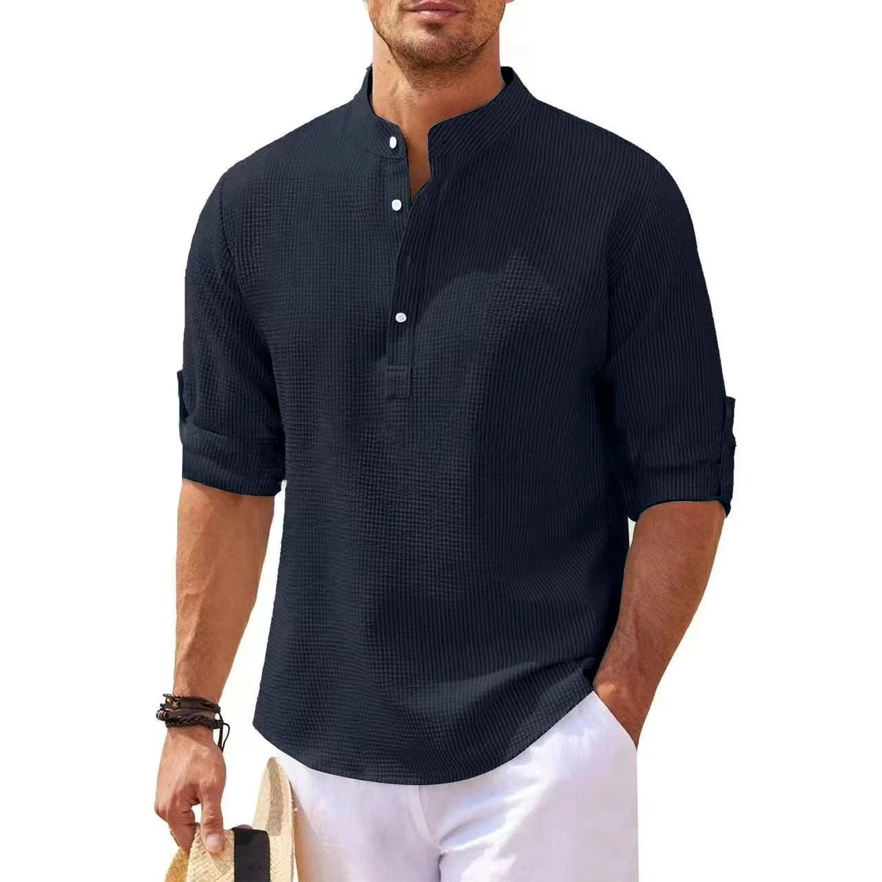 Men's Waffle Knit Henley Shirt - Cotton Linen Blend - Long Sleeve Casual Top
