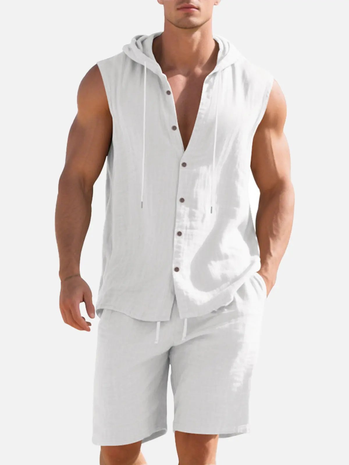Linen Blend Sleeveless Hooded Vest Shirt for Casual Summer Wear