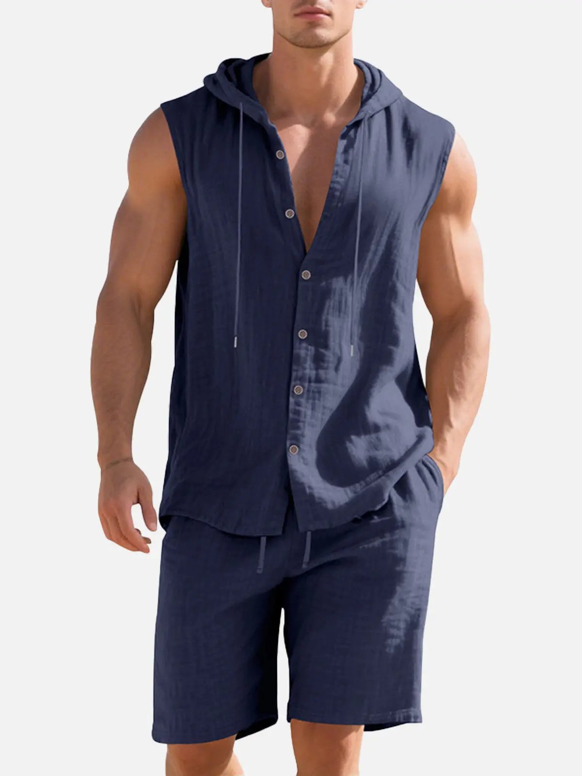 Linen Blend Sleeveless Hooded Vest Shirt for Casual Summer Wear