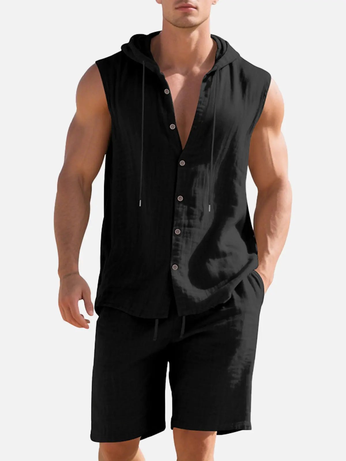 Linen Blend Sleeveless Hooded Vest Shirt for Casual Summer Wear