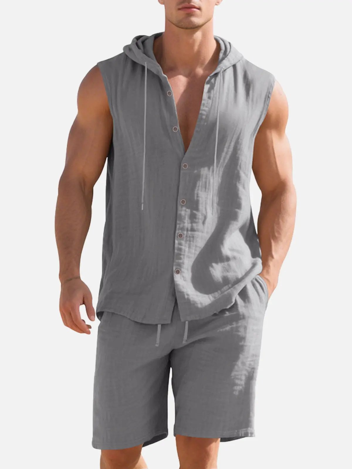 Linen Blend Sleeveless Hooded Vest Shirt for Casual Summer Wear