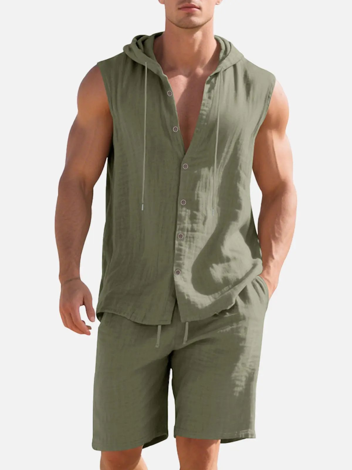Linen Blend Sleeveless Hooded Vest Shirt for Casual Summer Wear