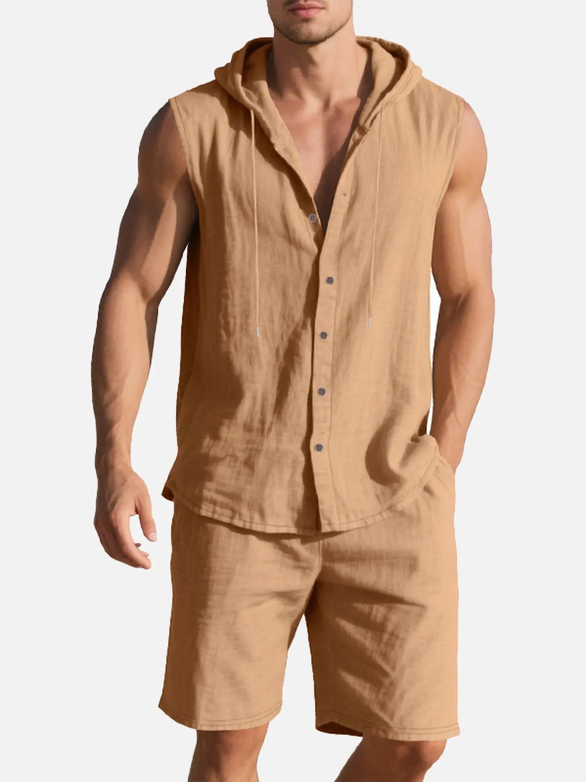 Linen Blend Sleeveless Hooded Vest Shirt for Casual Summer Wear