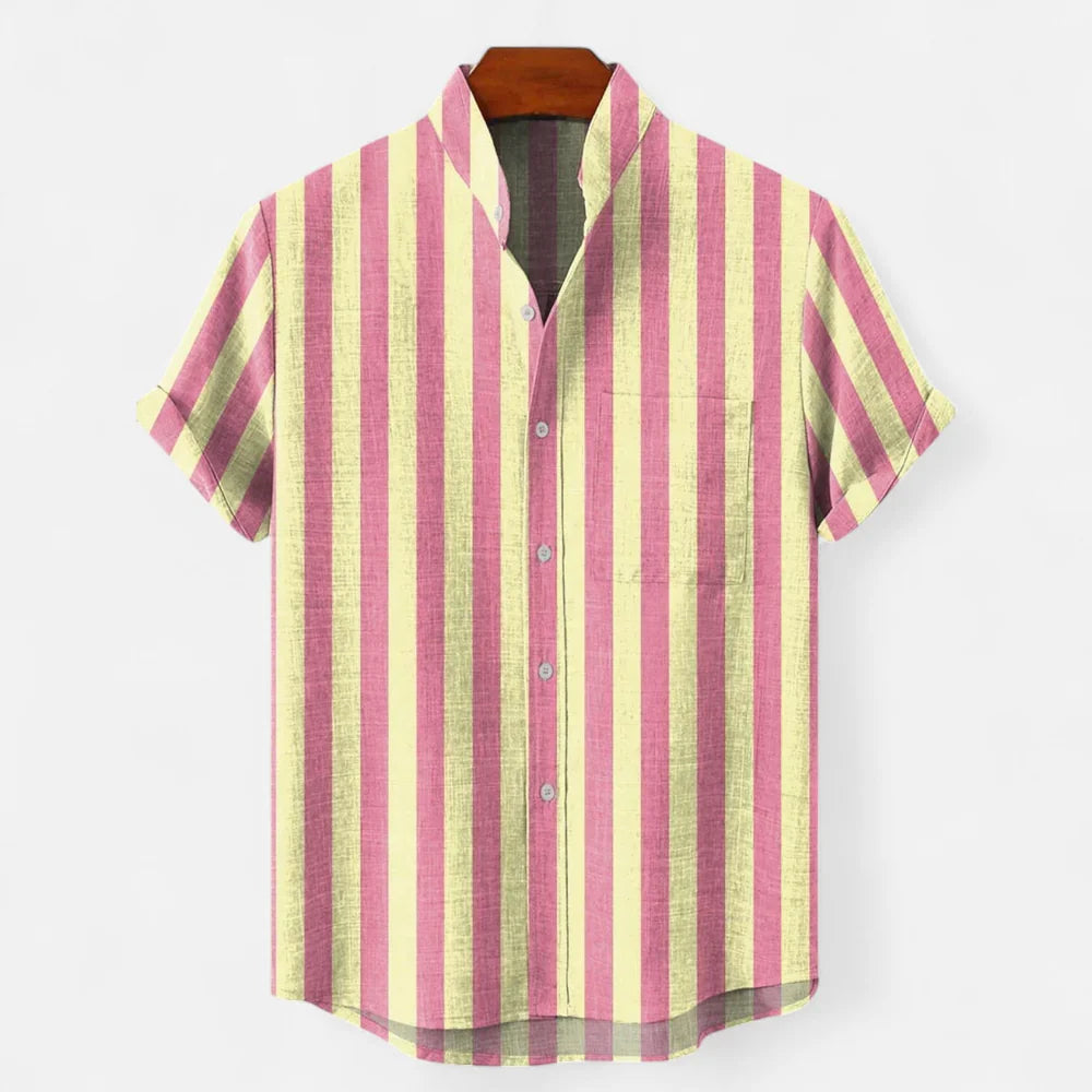 Men's Linen Striped Short Sleeve Button-Up Shirt - Casual Summer Resort Wear