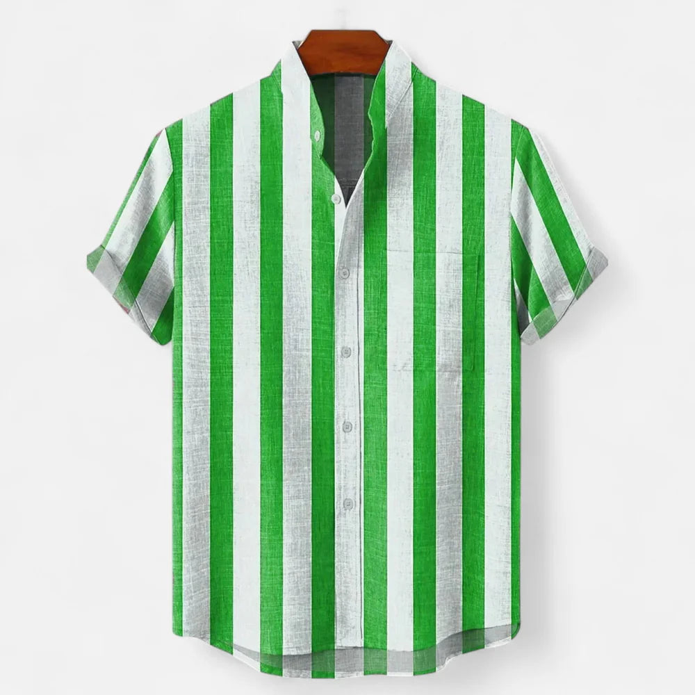 Men's Linen Striped Short Sleeve Button-Up Shirt - Casual Summer Resort Wear