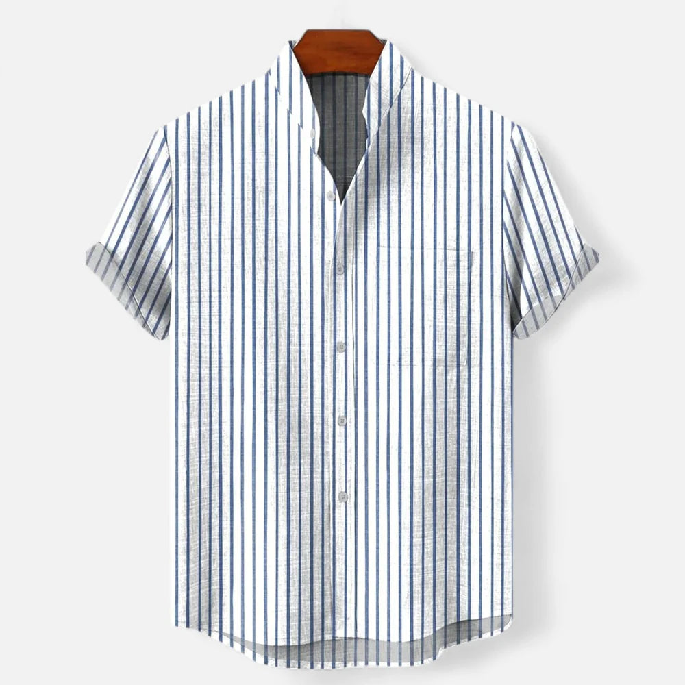 Men's Linen Striped Short Sleeve Button-Up Shirt - Casual Summer Resort Wear