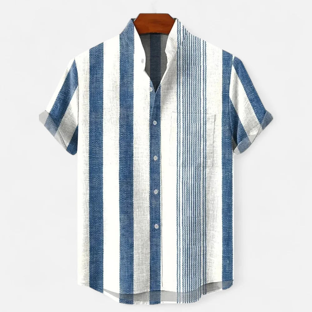 Men's Linen Striped Short Sleeve Button-Up Shirt - Casual Summer Resort Wear