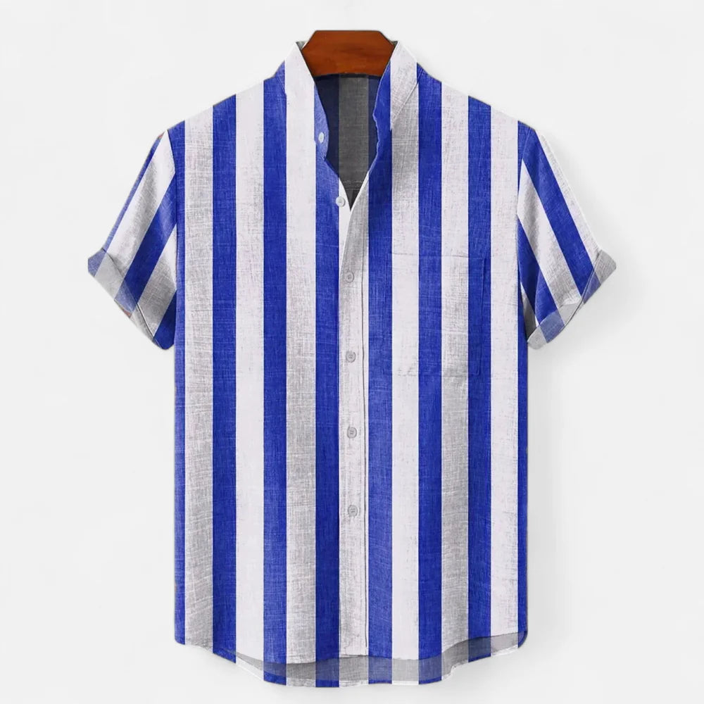 Men's Linen Striped Short Sleeve Button-Up Shirt - Casual Summer Resort Wear
