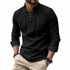 Men's Cotton Linen Long Sleeve Henley Shirt - Casual Relaxed Fit Vintage Top