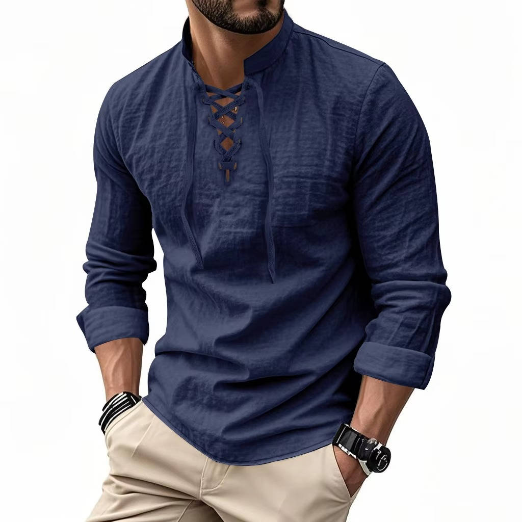 Men's Cotton Linen Long Sleeve Henley Shirt - Casual Relaxed Fit Vintage Top