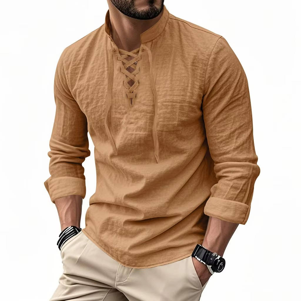 Men's Cotton Linen Long Sleeve Henley Shirt - Casual Relaxed Fit Vintage Top