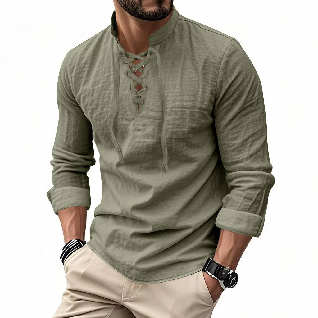 Men's Cotton Linen Long Sleeve Henley Shirt - Casual Relaxed Fit Vintage Top