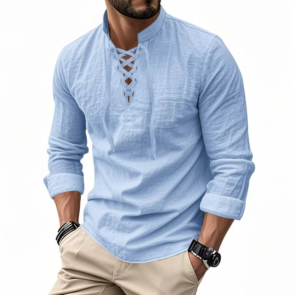 Men's Cotton Linen Long Sleeve Henley Shirt - Casual Relaxed Fit Vintage Top