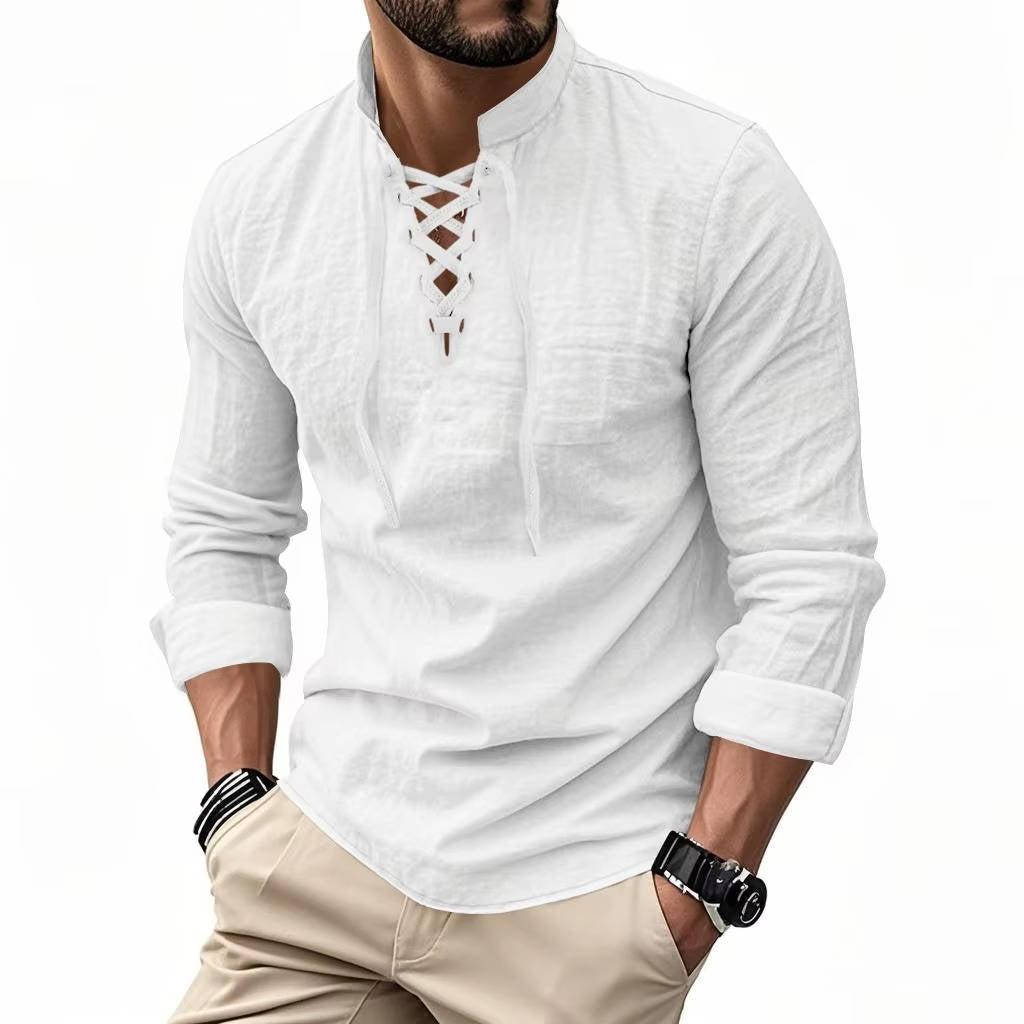 Men's Cotton Linen Long Sleeve Henley Shirt - Casual Relaxed Fit Vintage Top