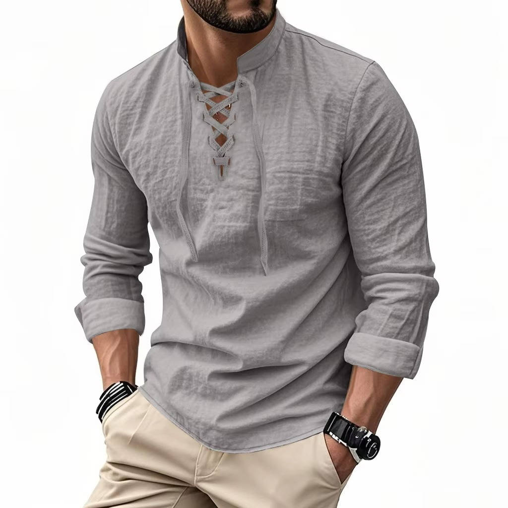 Men's Cotton Linen Long Sleeve Henley Shirt - Casual Relaxed Fit Vintage Top