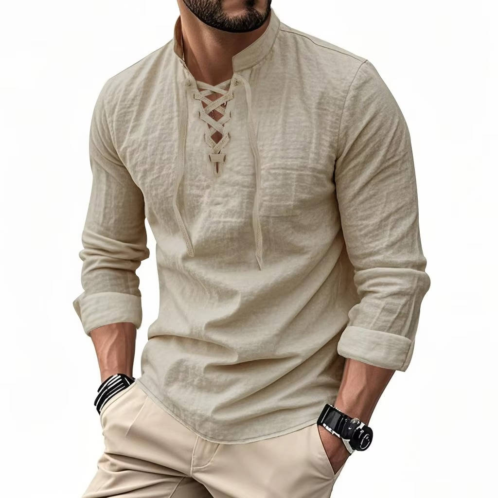 Men's Cotton Linen Long Sleeve Henley Shirt - Casual Relaxed Fit Vintage Top