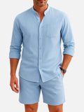 Sky Blue Linen Blend Long Sleeve Button-Up Shirt with Chest Pocket