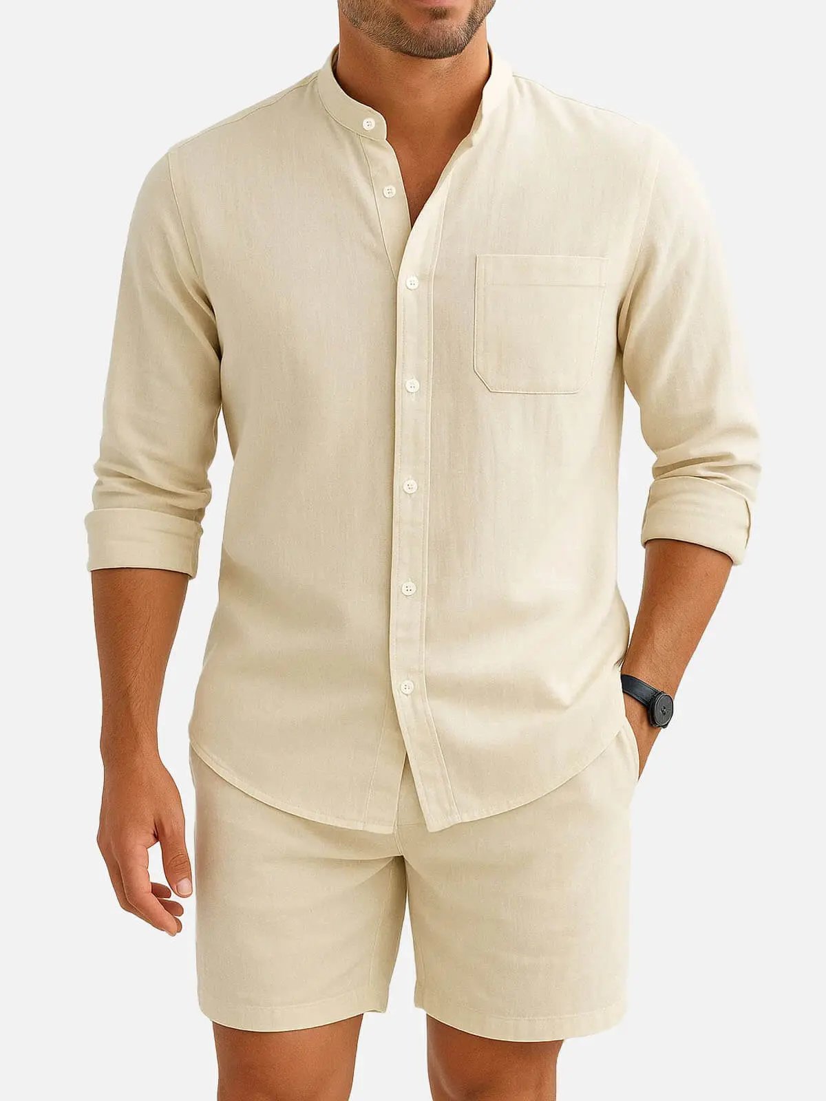 Sky Blue Linen Blend Long Sleeve Button-Up Shirt with Chest Pocket