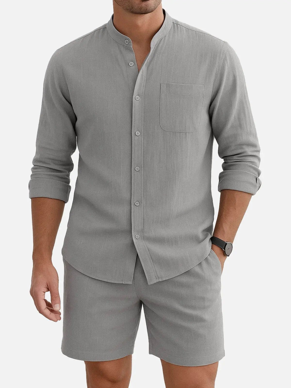 Sky Blue Linen Blend Long Sleeve Button-Up Shirt with Chest Pocket