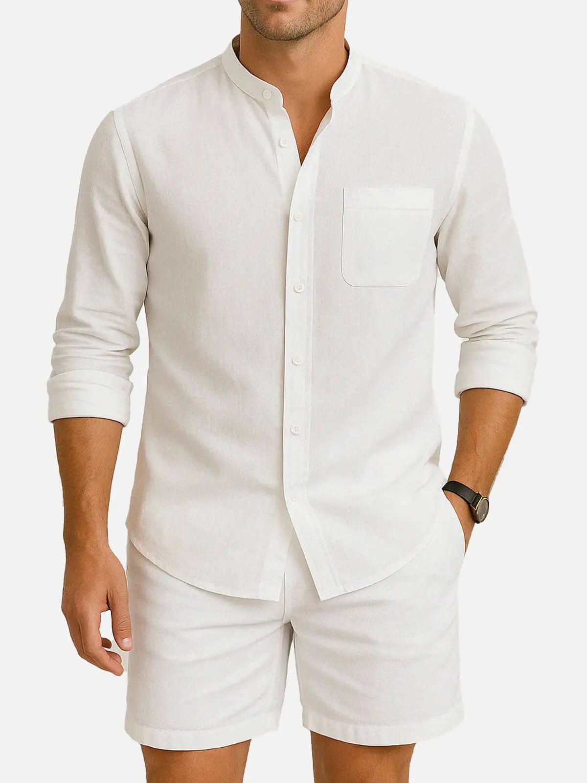 Sky Blue Linen Blend Long Sleeve Button-Up Shirt with Chest Pocket