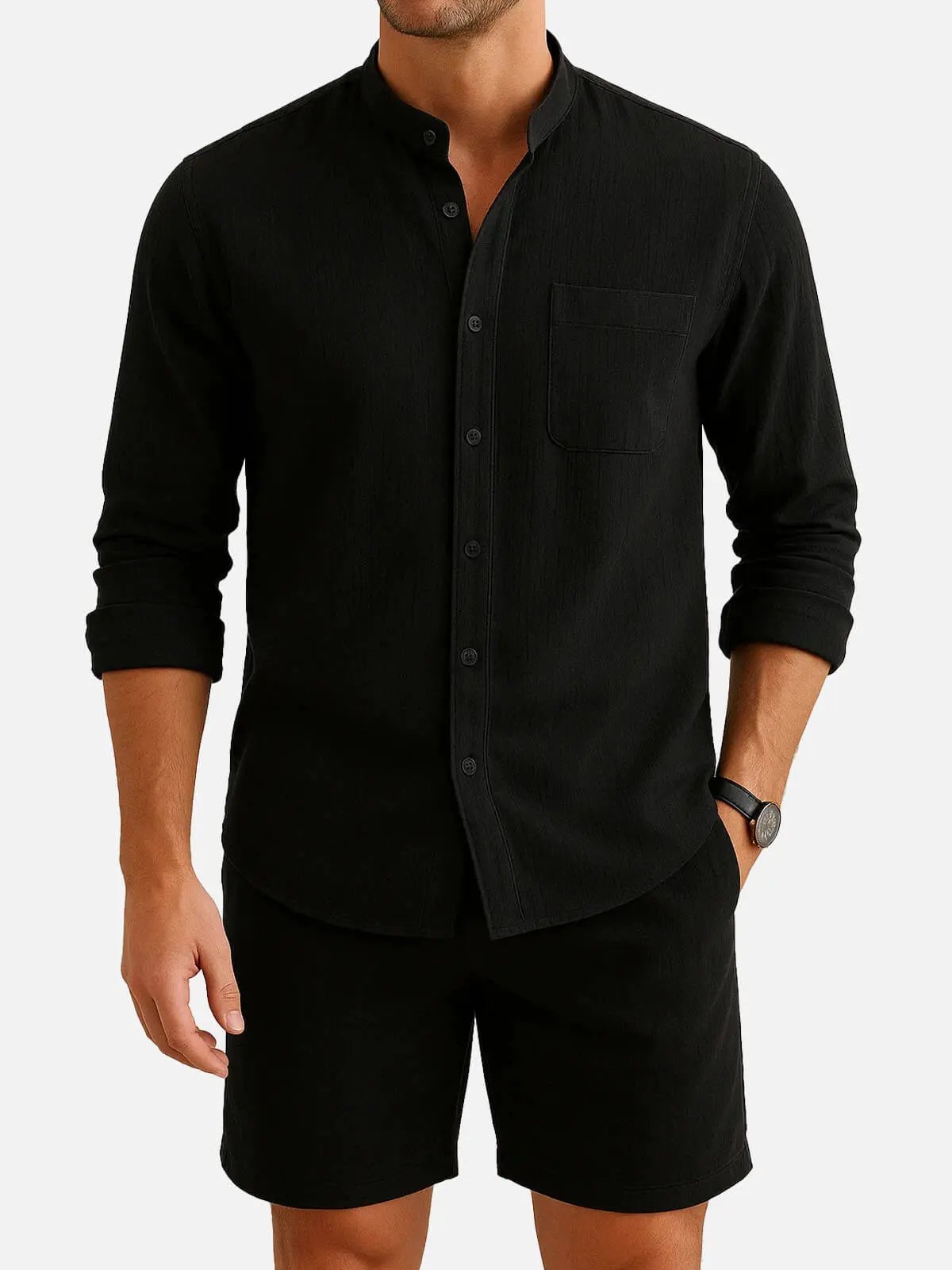 Sky Blue Linen Blend Long Sleeve Button-Up Shirt with Chest Pocket