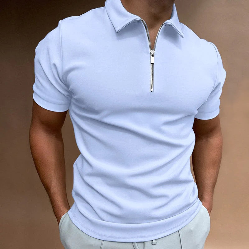 Men's Slim Fit Stretch Polo Shirt - Zip Neck Short Sleeve Casual Top