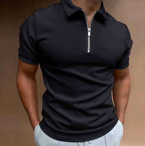 Men's Slim Fit Stretch Polo Shirt - Zip Neck Short Sleeve Casual Top