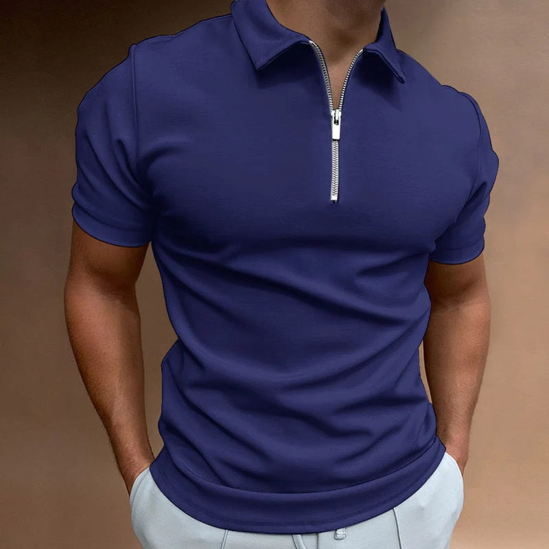 Men's Slim Fit Stretch Polo Shirt - Zip Neck Short Sleeve Casual Top