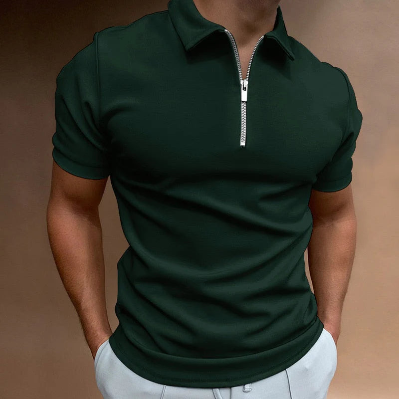 Men's Slim Fit Stretch Polo Shirt - Zip Neck Short Sleeve Casual Top
