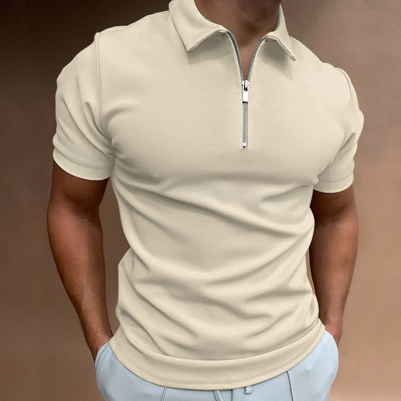 Men's Slim Fit Stretch Polo Shirt - Zip Neck Short Sleeve Casual Top