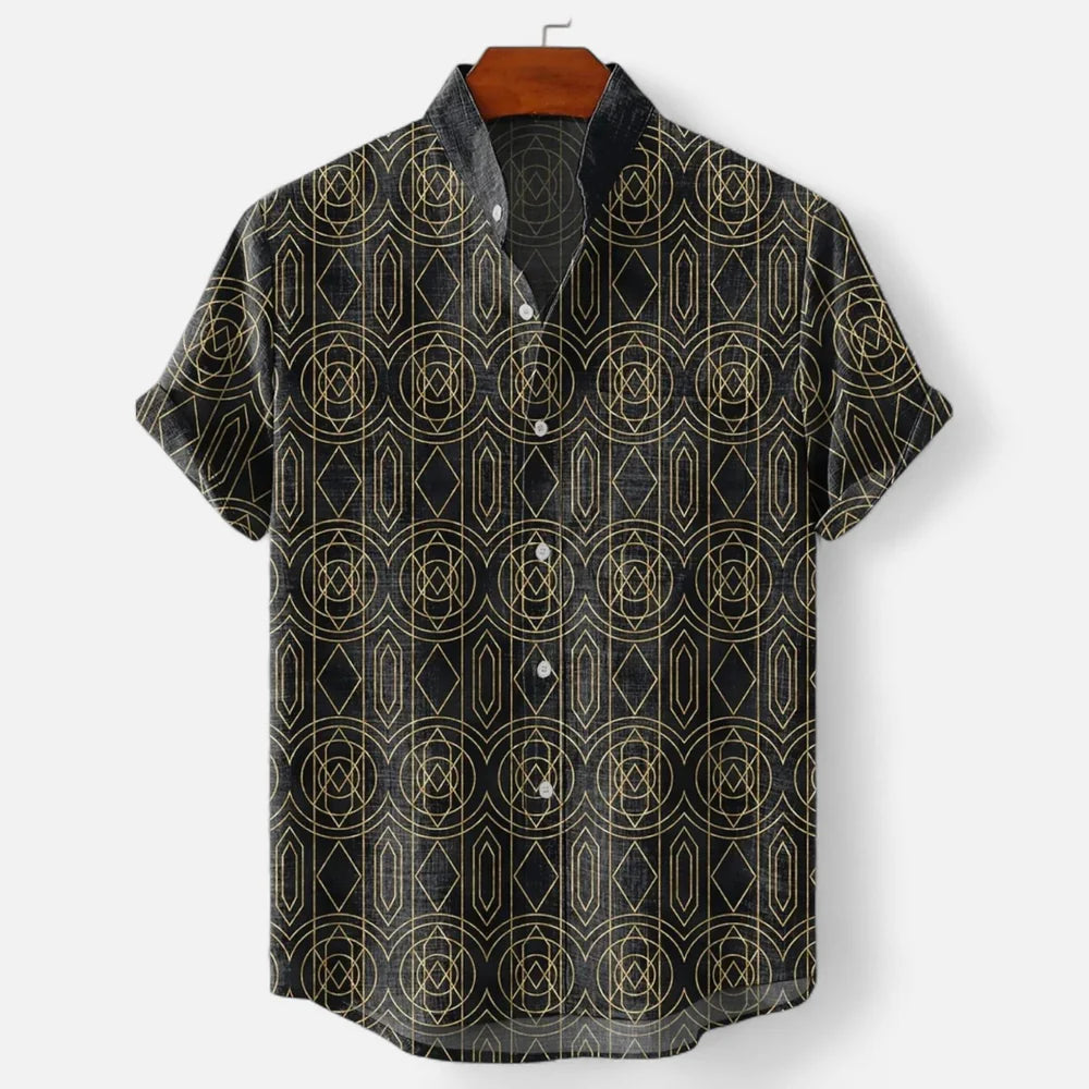 Men's Linen Button-Up Shirt - Artistic Print, Relaxed Fit, Summer Casual Top