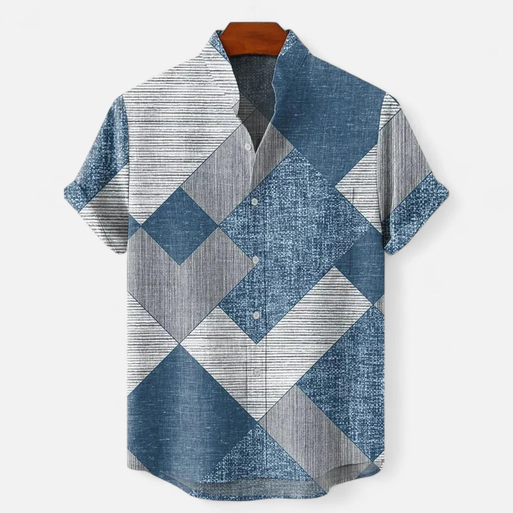 Men's Linen Button-Up Shirt - Artistic Print, Relaxed Fit, Summer Casual Top