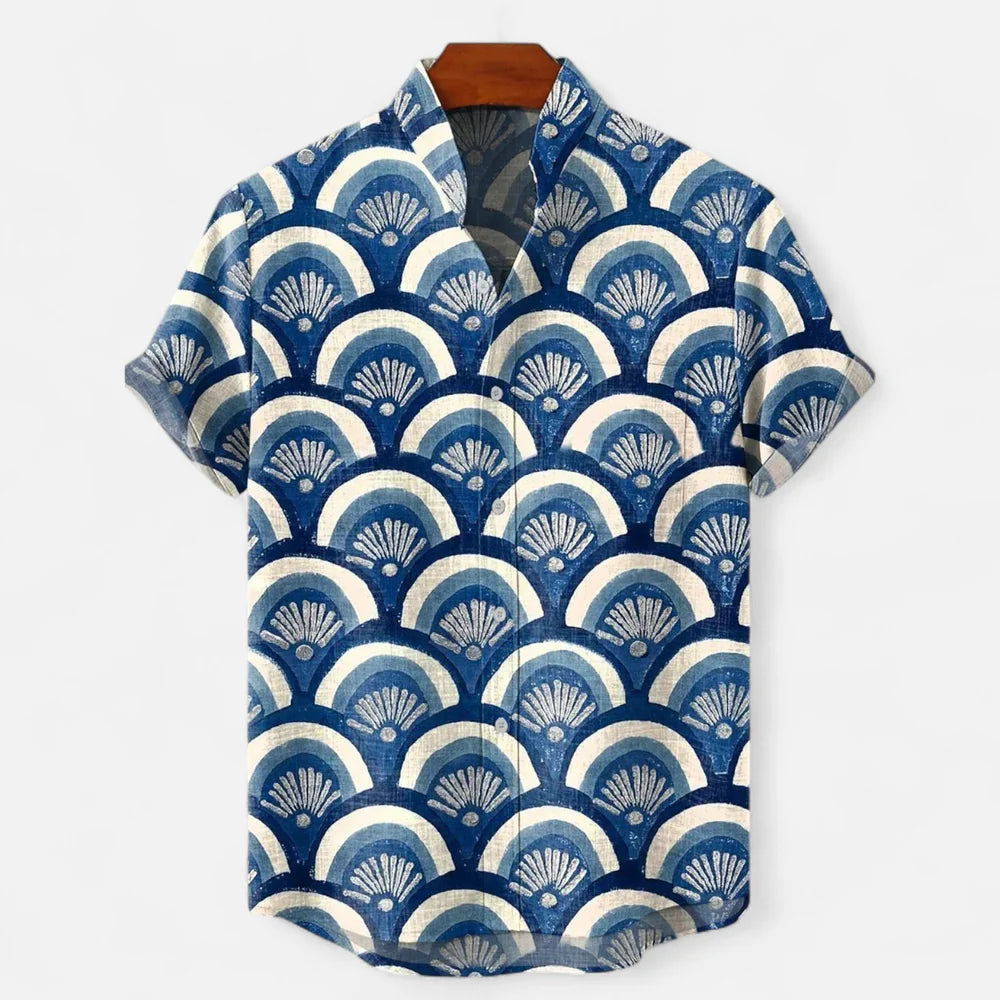 Men's Linen Button-Up Shirt - Artistic Print, Relaxed Fit, Summer Casual Top