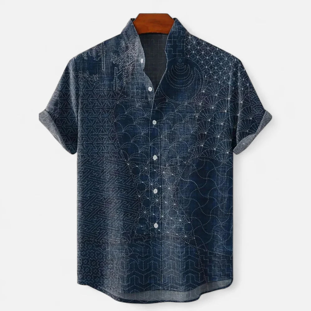 Men's Linen Button-Up Shirt - Artistic Print, Relaxed Fit, Summer Casual Top
