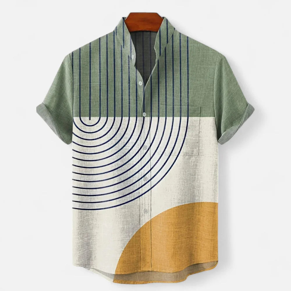 Men's Linen Button-Up Shirt - Artistic Print, Relaxed Fit, Summer Casual Top