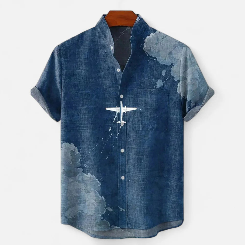 Men's Linen Button-Up Shirt - Artistic Print, Relaxed Fit, Summer Casual Top