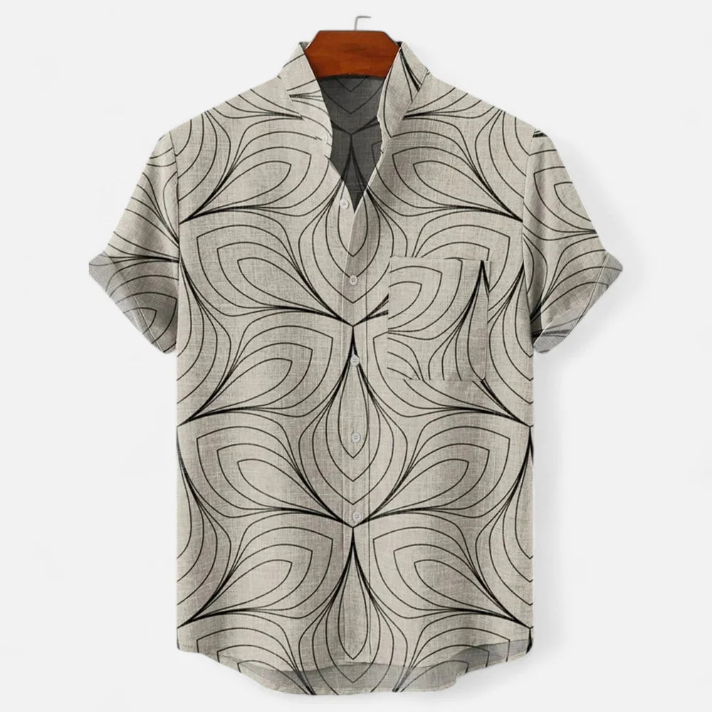 Men's Linen Button-Up Shirt - Artistic Print, Relaxed Fit, Summer Casual Top