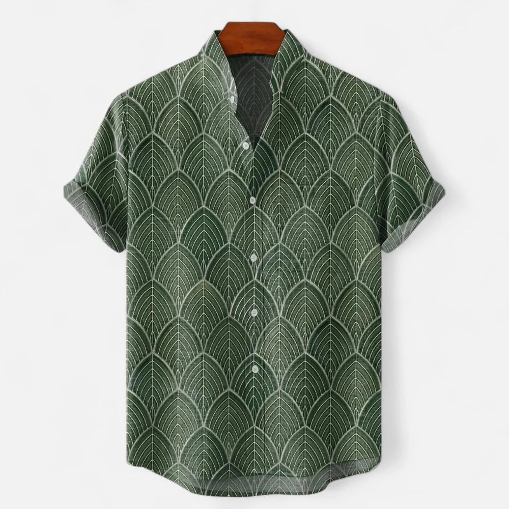 Men's Linen Button-Up Shirt - Artistic Print, Relaxed Fit, Summer Casual Top