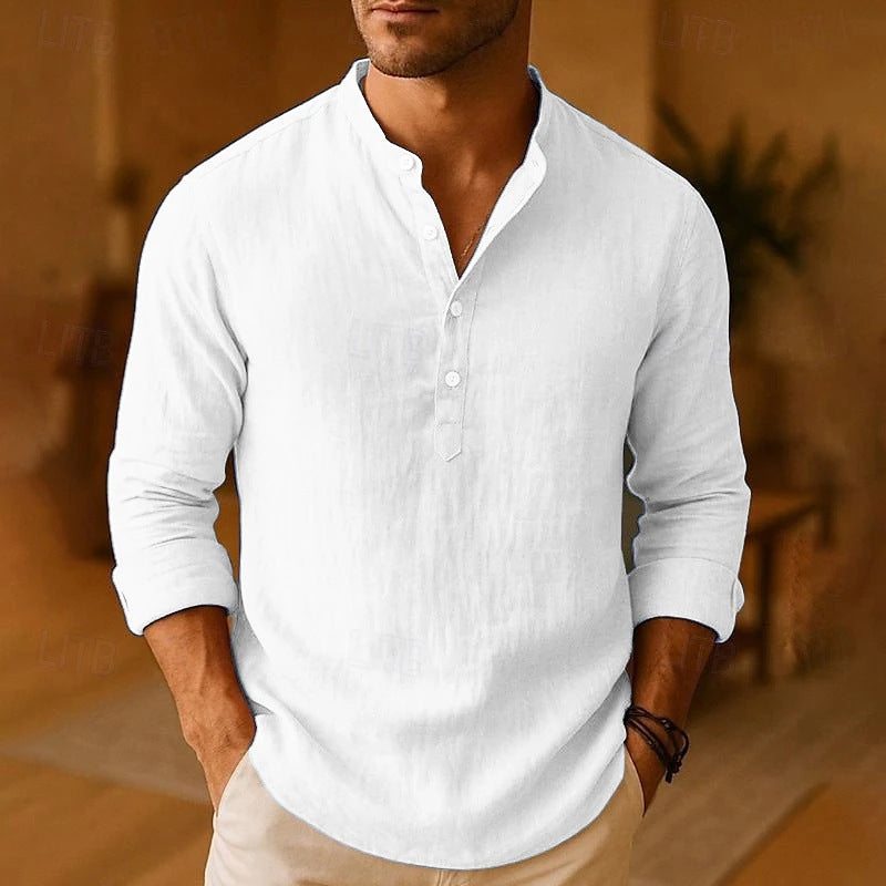 Men's Linen Long Sleeve Henley Shirt with Button Placket for Casual Wear