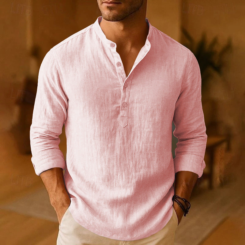 Men's Linen Long Sleeve Henley Shirt with Button Placket for Casual Wear