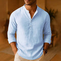 Men's Linen Long Sleeve Henley Shirt with Button Placket for Casual Wear