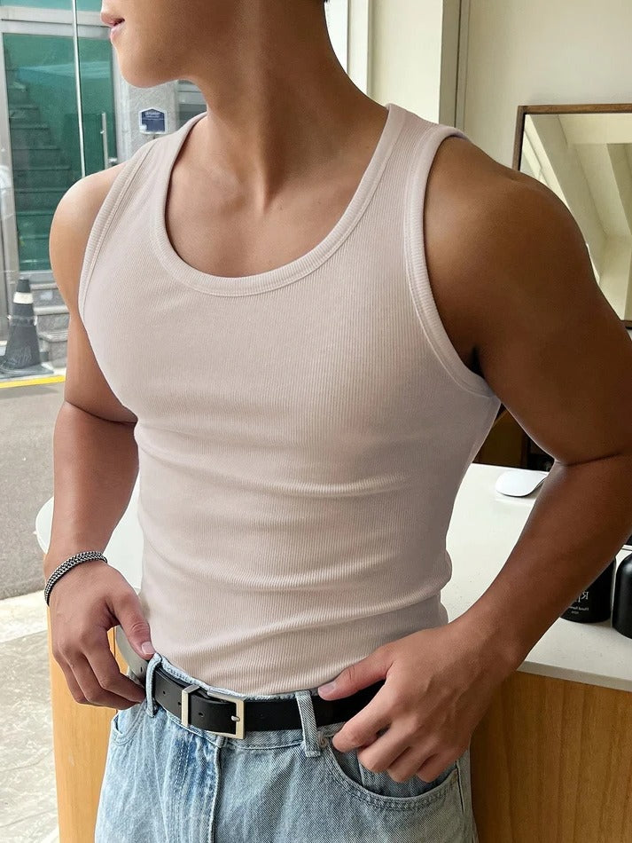 Men's Slim Fit Ribbed Tank Top - Breathable Stretch Sleeveless Shirt for Summer & Gym