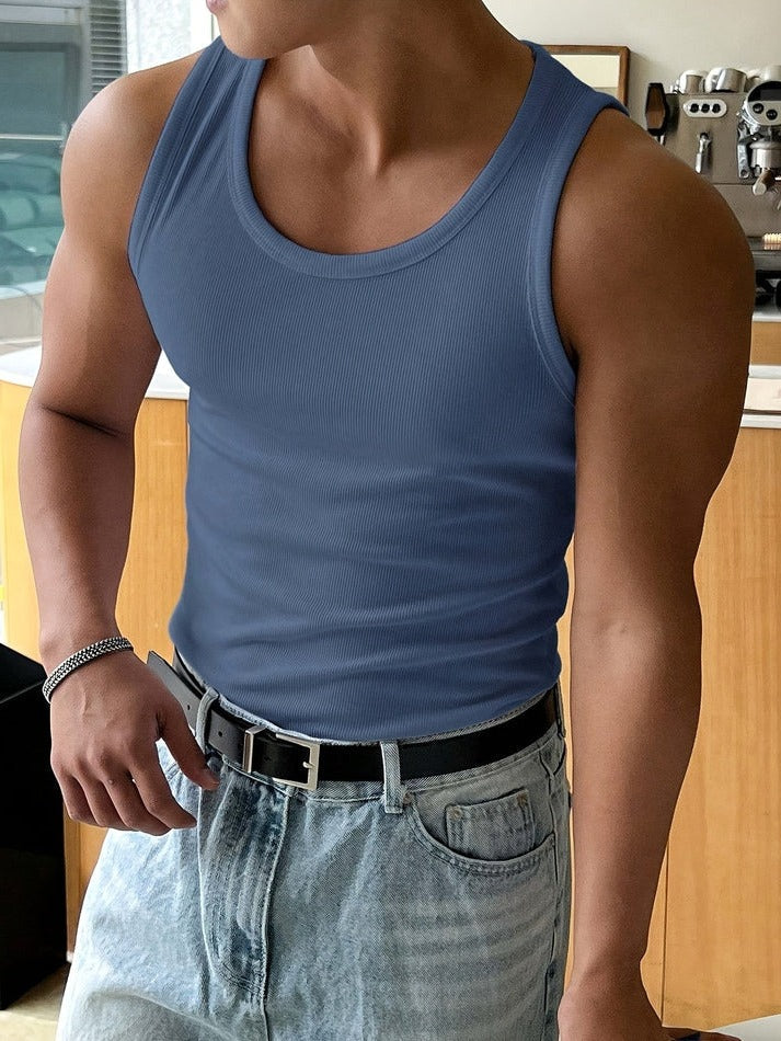 Men's Slim Fit Ribbed Tank Top - Breathable Stretch Sleeveless Shirt for Summer & Gym
