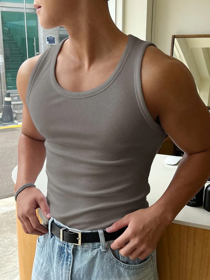 Men's Slim Fit Ribbed Tank Top - Breathable Stretch Sleeveless Shirt for Summer & Gym